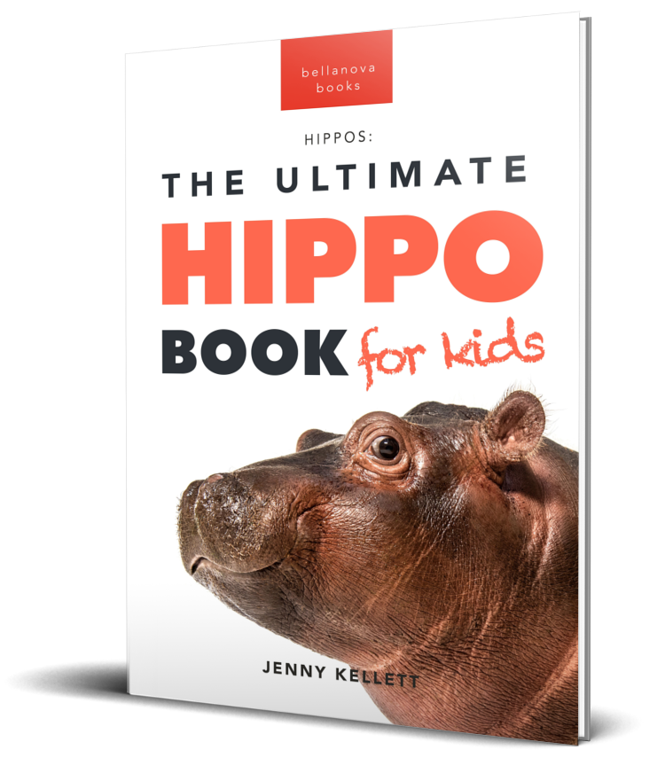 The Ultimate Hippo Book for Kids paperback cover featuring a close-up photograph of a hippo for children aged 9+.