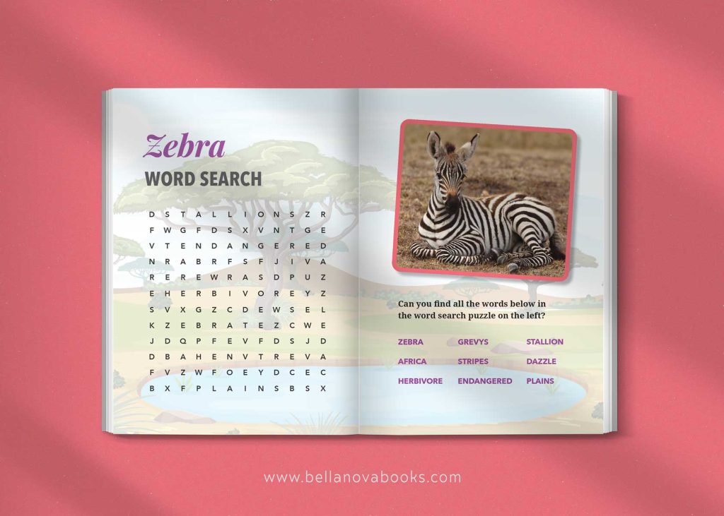 zebra book for kids including word search and quiz