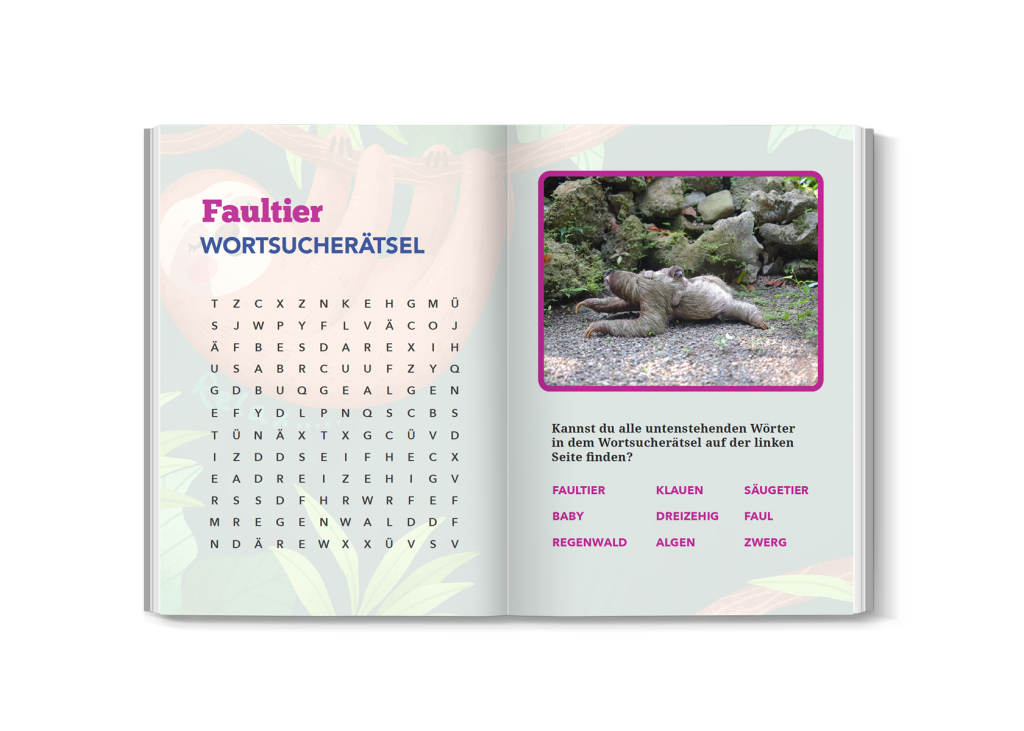 Innenseiten-Mockup mit Quiz- und Wortsuche-Seite aus dem Faultierbuch