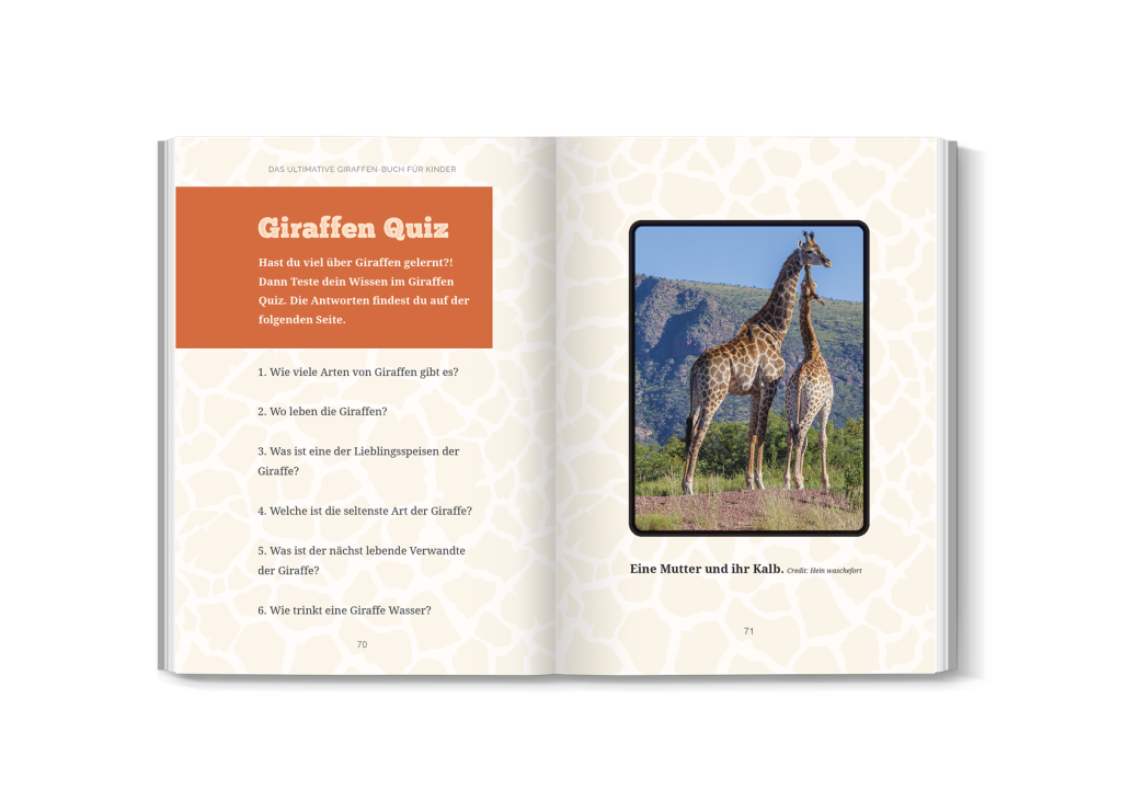 Quiz- und Rätselseite aus dem Giraffenbuch für Kinder