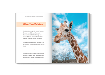 Aufgeschlagene Buchseite mit spannenden Giraffen-Fakten und bunten Bildern