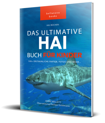 Cover von „Das Ultimative Haibuch für Kinder“ mit eindrucksvollem Hai-Design
