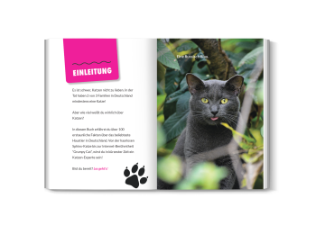 Innenansicht des Katzenbuchs mit einer Doppelseite (Foto einer Katze und Text)