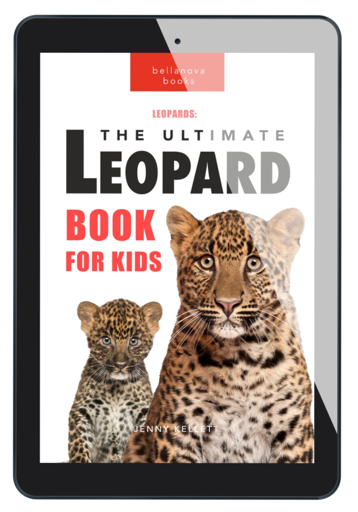 eBook cover of The Ultimate Leopard Book for Kids featuring a close-up of a leopard in the wild.