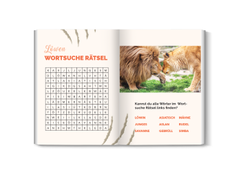 Beispielseite mit Quiz und Wortsuchrätsel aus dem Löwenbuch