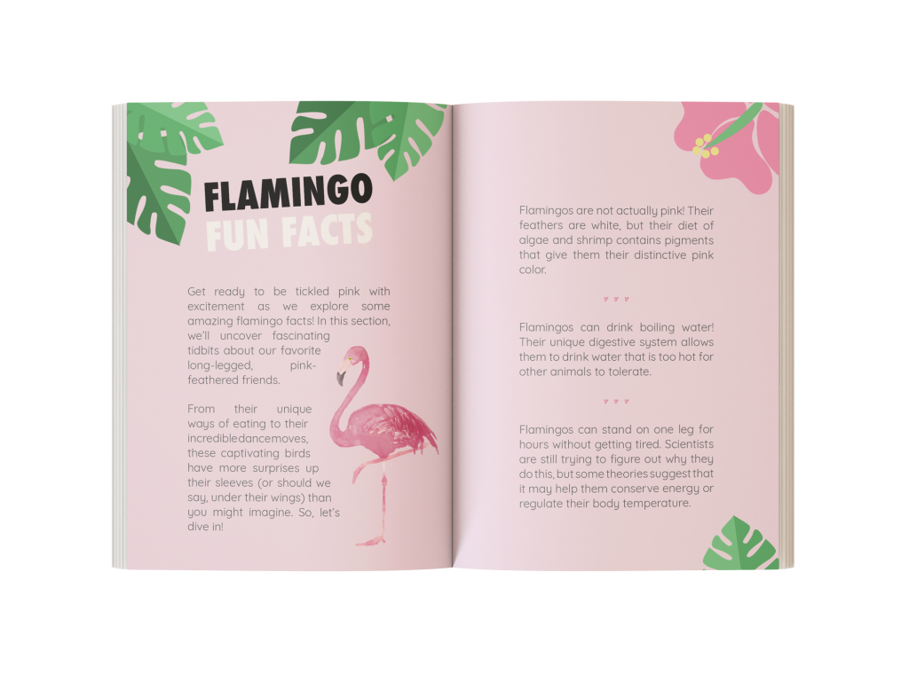 Inside page showing different species of flamingos with fascinating facts and full-color images for kids.
