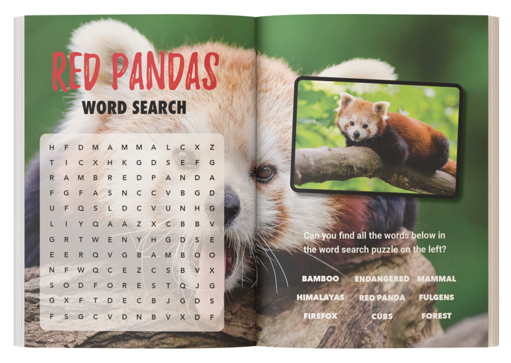Inside page showcasing red panda habitats in Himalayan forests, with educational facts and colorful images for kids.
