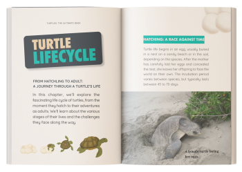 Inside page showing turtle hatchlings, life cycle stages, and fascinating turtle facts for kids.