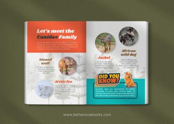 Inside page showing fun facts and photos of wolves for kids to learn about pack life and survival.