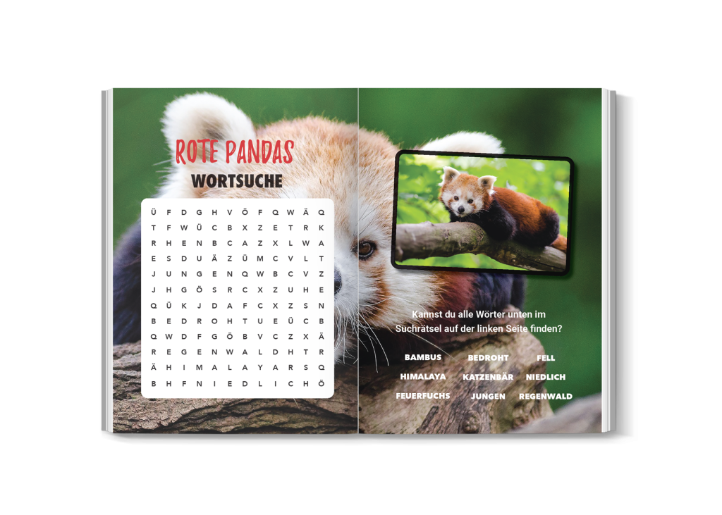Detailseite mit Quiz und Fakten über Rote Pandas aus dem Buch