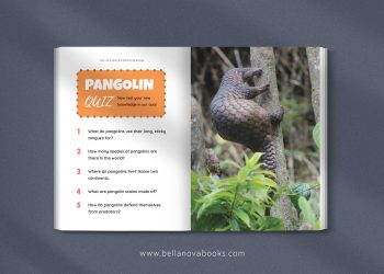 Inside pages showing fun facts and colorful photos about pangolins for kids.
