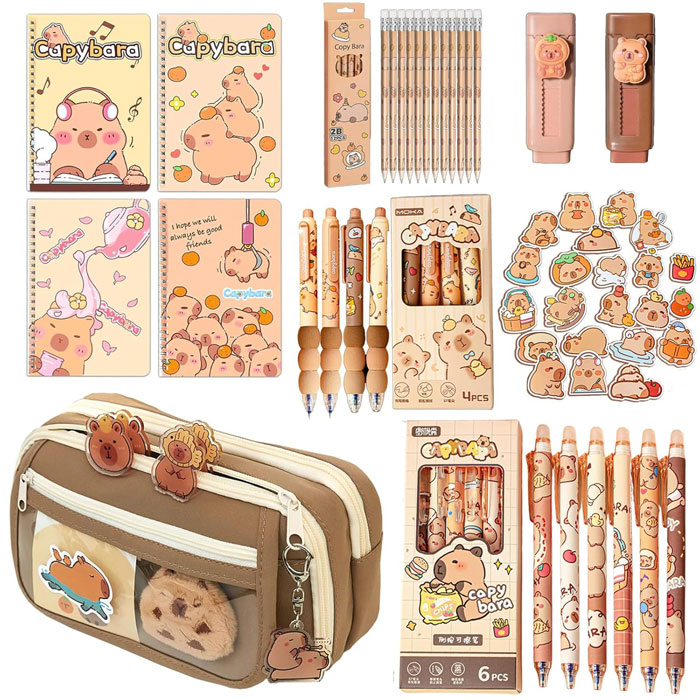 Complete capybara school supply gift set with notebooks, pens, pencils, erasers, stickers, and a brown zippered pencil case with capybara design.