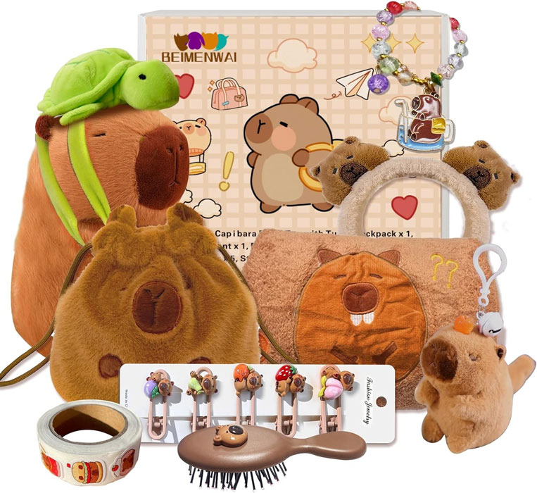 Complete capybara gift set including plush toy, keychain, backpack, towel, hairbrush, and accessories for girls.