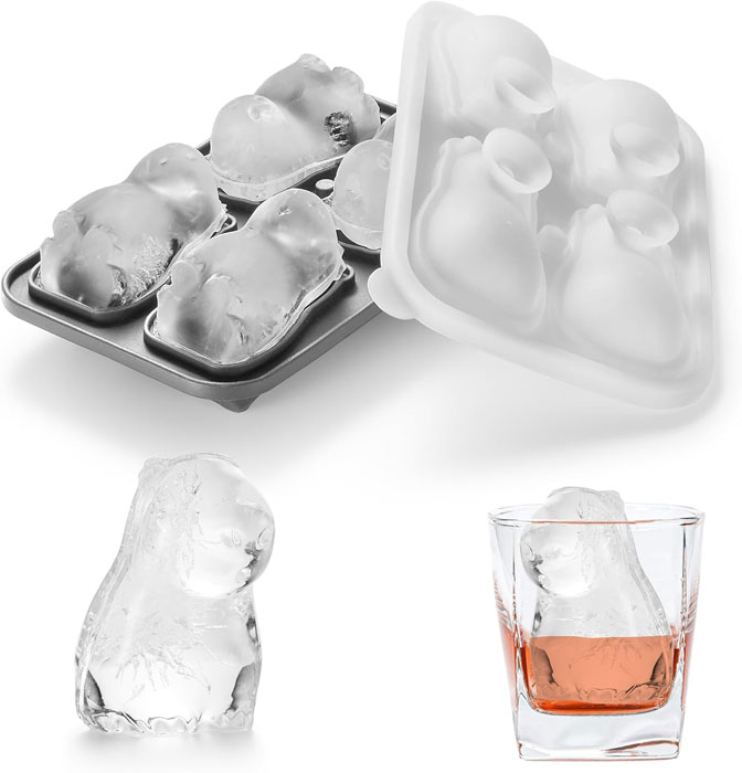 Capybara-shaped 3D ice cube mold with capybara ice cubes floating in a whiskey glass, perfect for gifts or entertaining.