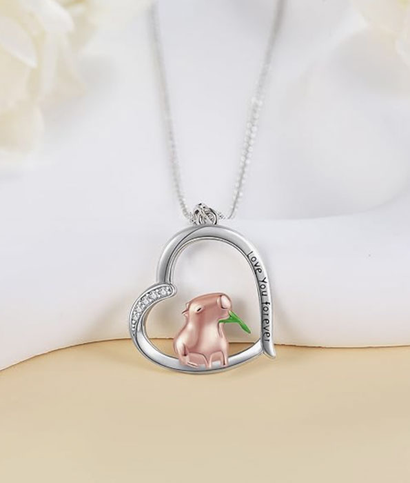 Sterling silver heart pendant with rose-gold plated capybara inside and sparkling cubic zirconia, engraved “Love You Forever” — perfect capybara gift jewelry.