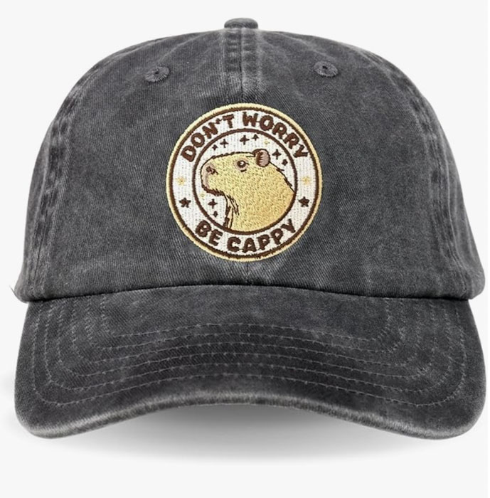 Black denim baseball cap with embroidered capybara and the phrase “Don’t Worry, Be Cappy” — perfect casual gift for capybara lovers.