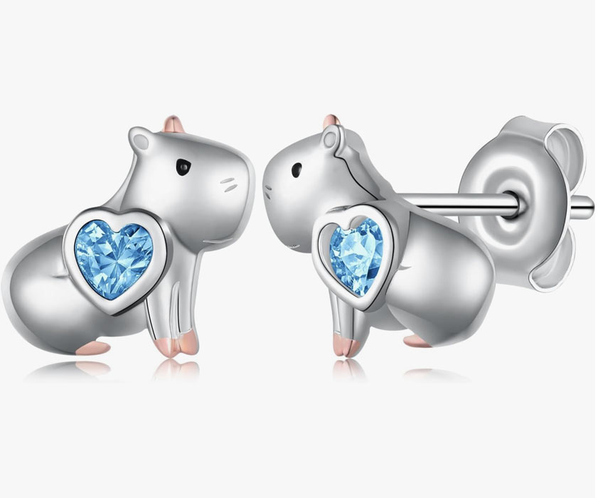 Sterling silver capybara stud earrings with blue zircon heart-shaped birthstones, perfect for capybara fans and March birthdays.