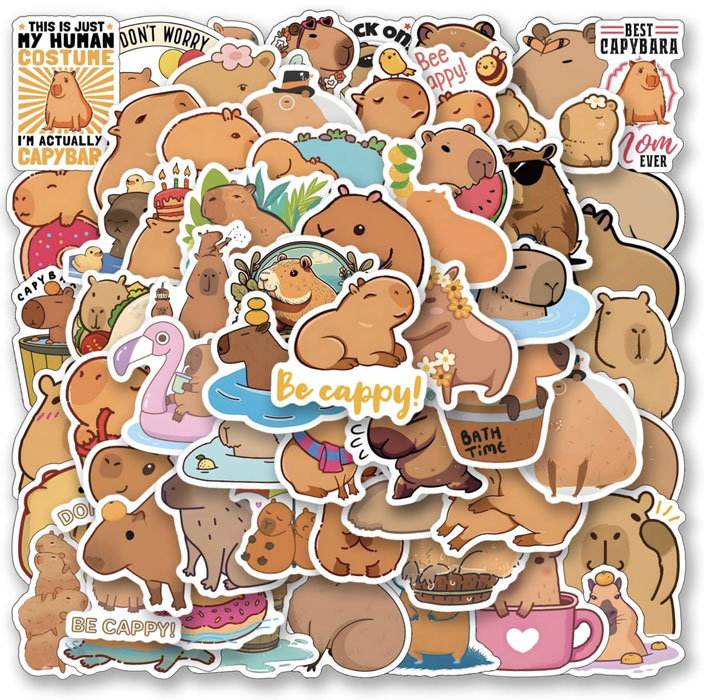 Assorted vinyl waterproof capybara stickers in cartoon designs, perfect for decorating laptops, water bottles, scrapbooks, and more.