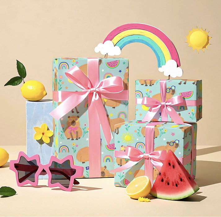 Capybara-themed wrapping paper roll featuring playful capybaras with summer fruits, rainbows, and flowers on a light teal background.