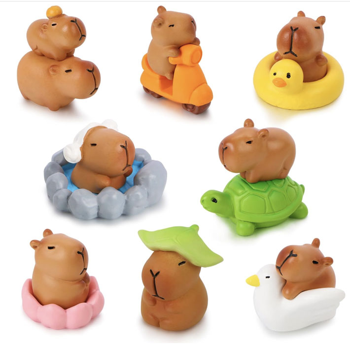 13-piece mini resin capybara figurine set featuring capybaras in various playful poses, including riding animals and relaxing in flowers.