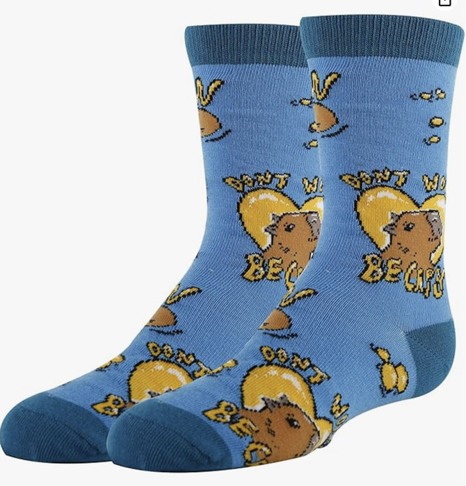 Blue capybara crew socks for kids with fun ‘Don’t Worry Be Cappy’ design and cheerful capybara pattern.