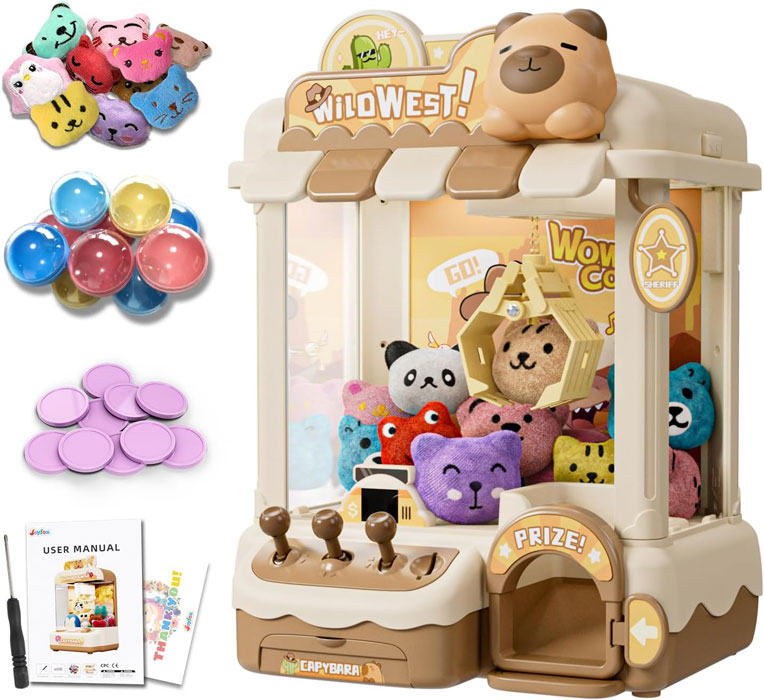 Mini capybara-themed claw machine toy with plush animals inside and game tokens on the side.