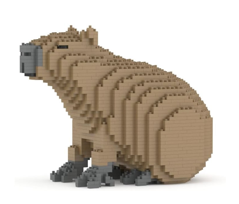 Detailed 3D capybara model made from interlocking brown and grey plastic building blocks.
