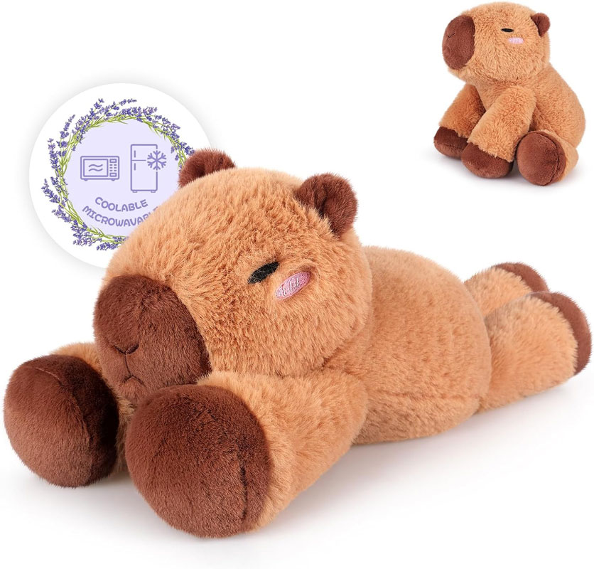 Heatable capybara stuffed animal with soft brown fur, blushing cheeks, and a lavender-filled microwavable insert for soothing comfort.