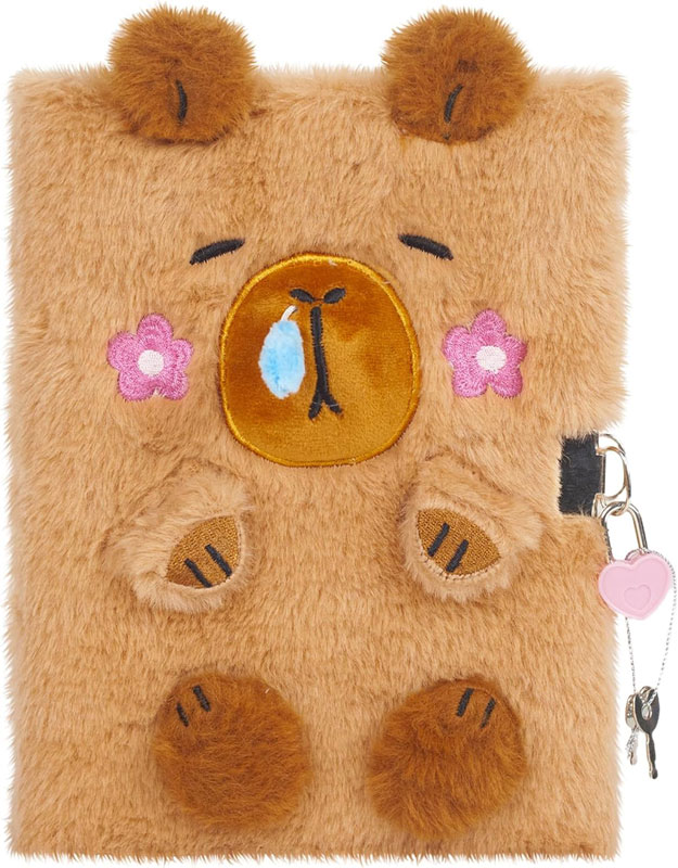 Plush fuzzy capybara diary with embroidered face, lock, and keys — perfect for kids and tweens.