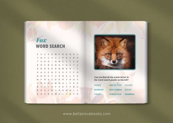 Interior spread showing interactive fox word search puzzle