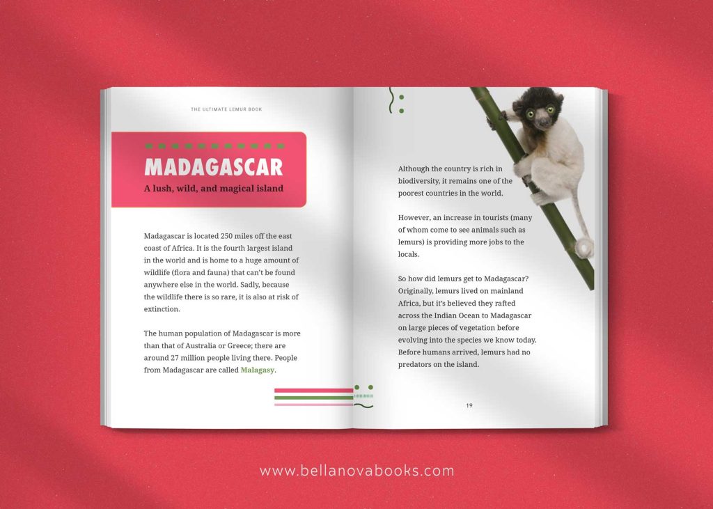Interior spread with fun lemur facts and colorful photographs.