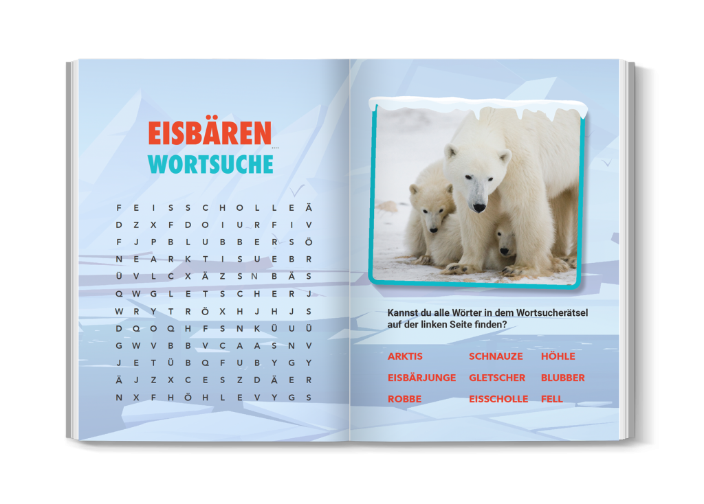 Vorschau der Rätsel- und Quizseite des Eisbärenbuchs